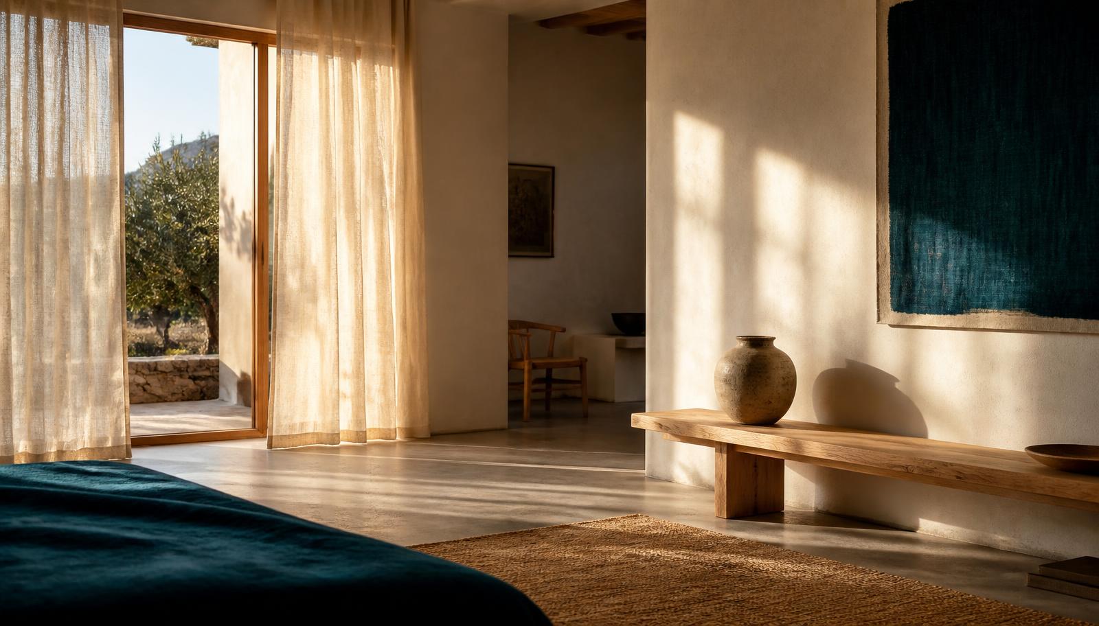 Intérieur baigné de lumière rasante, rideaux en lin et banc en chêne massif