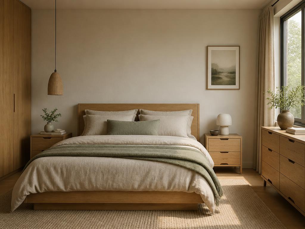 Perspective 3D lumineuse d'une chambre aux tons naturels