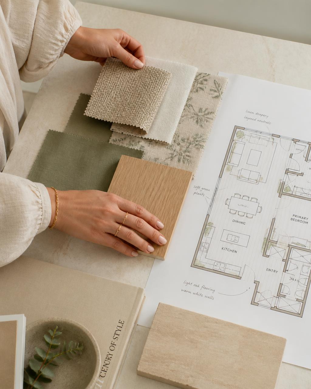 Sélection de textiles et d'un échantillon de chêne posés à côté d'un plan 2D annoté